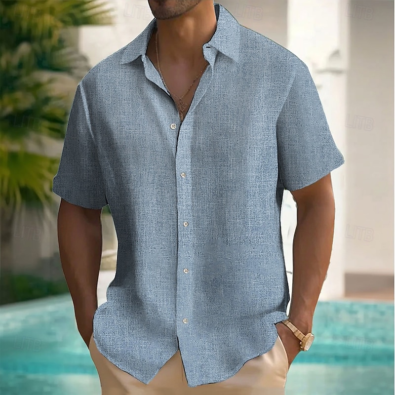 Men's Solid Color Linen Shirt Button Up Shirt Short Sleeve Fashion Casual Vacation Holiday Streetwear Summer Spring Turndown 3D Print Collared Shirts Pink Blue Green3