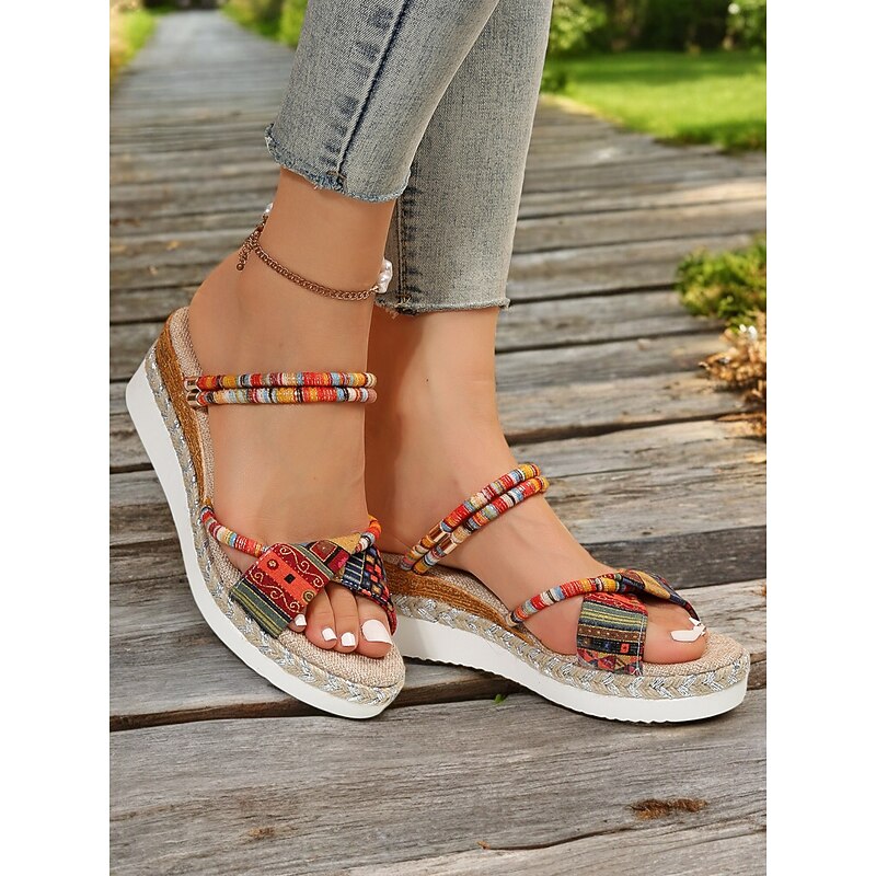 Women's Bohemian - Style Platform Sandals – Colorful Beaded Strap, Patterned Bow Flip - Flops for Women's Summer Vacations, Beach Trips and Casual Outdoor Events4