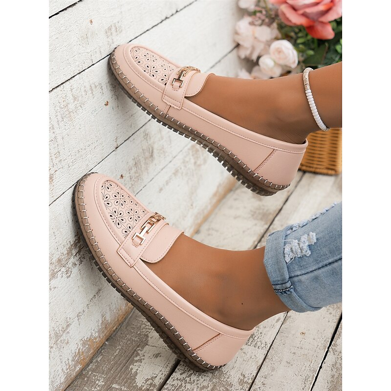 Women's Pink Loafer Moccasins - Breathable Hollow-Out Slip-On Flats with Metal Accent for Casual & Workwear4