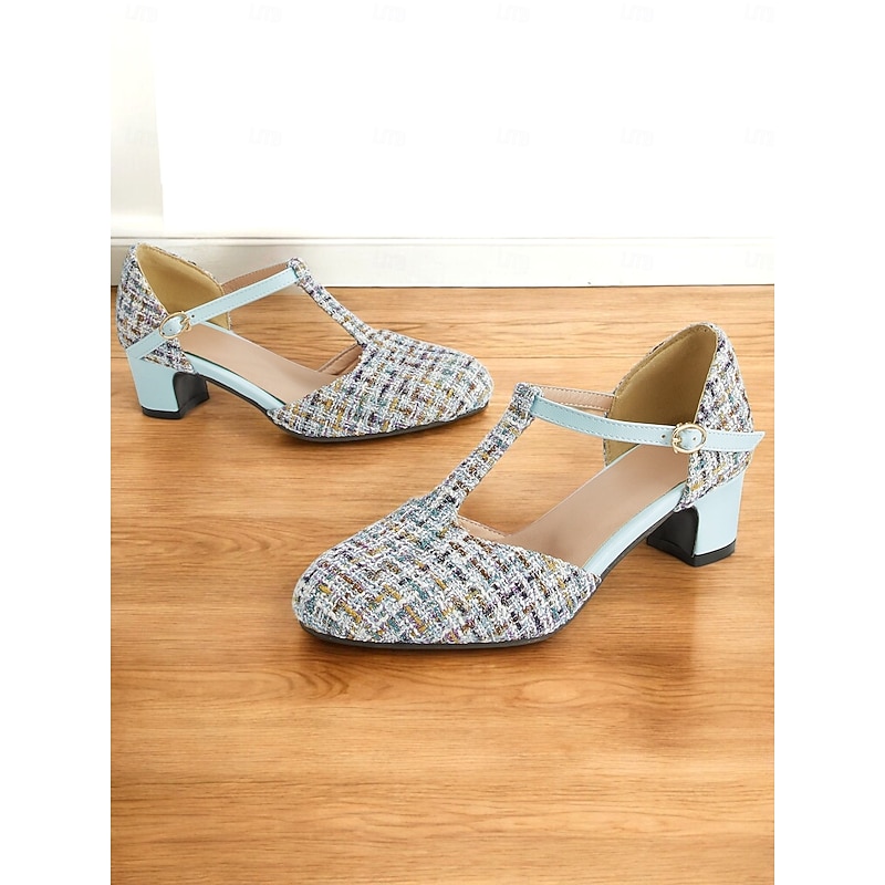 Women's 1950s Tweed T-Strap Mary Jane Heels – Vintage-Inspired Low Block Heel Shoes for Elegant Office Wear, Weddings, and Special Occasions4