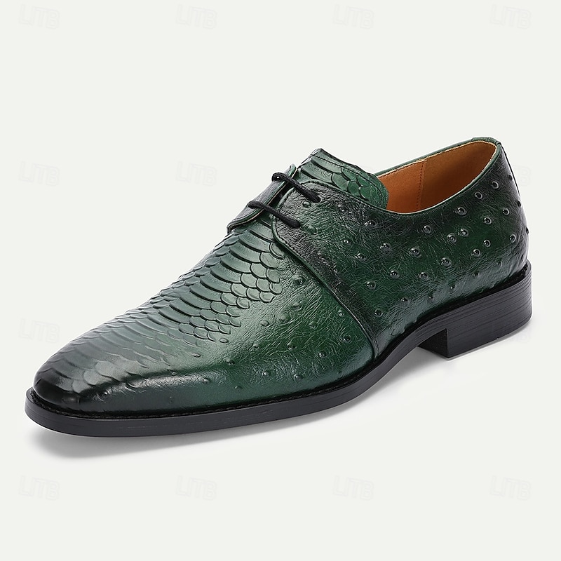 Men's Green Genuine Leather Oxford Shoes – Luxury Crocodile Pattern Lace-Up Dress Shoes for Kentucky Derby & Weddings2