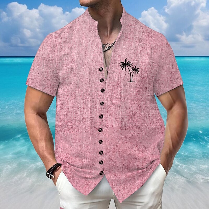 Men's Coconut Tree Tropical Summer Hawaiian Shirt Stand Collar Shirt Short Sleeves Hawaiian Vacation Beach Wear Grandad Collar Mandarin Collar Button Up 3D Print Linen Like Shirt White Pink Blue Green3