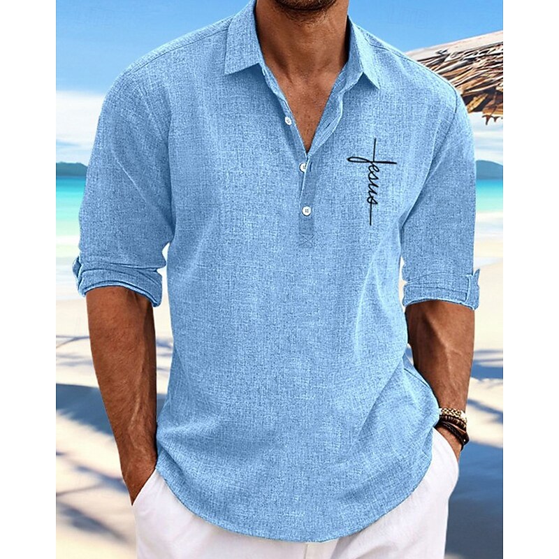 Men's Shirt Popover Shirt Summer Shirt Casual Shirt Beach Shirt Black Sky Blue khaki Gray Long Sleeve Cross Lapel Vacation Hawaiian Button-Down Clothing Apparel Fashion Casual Comfortable