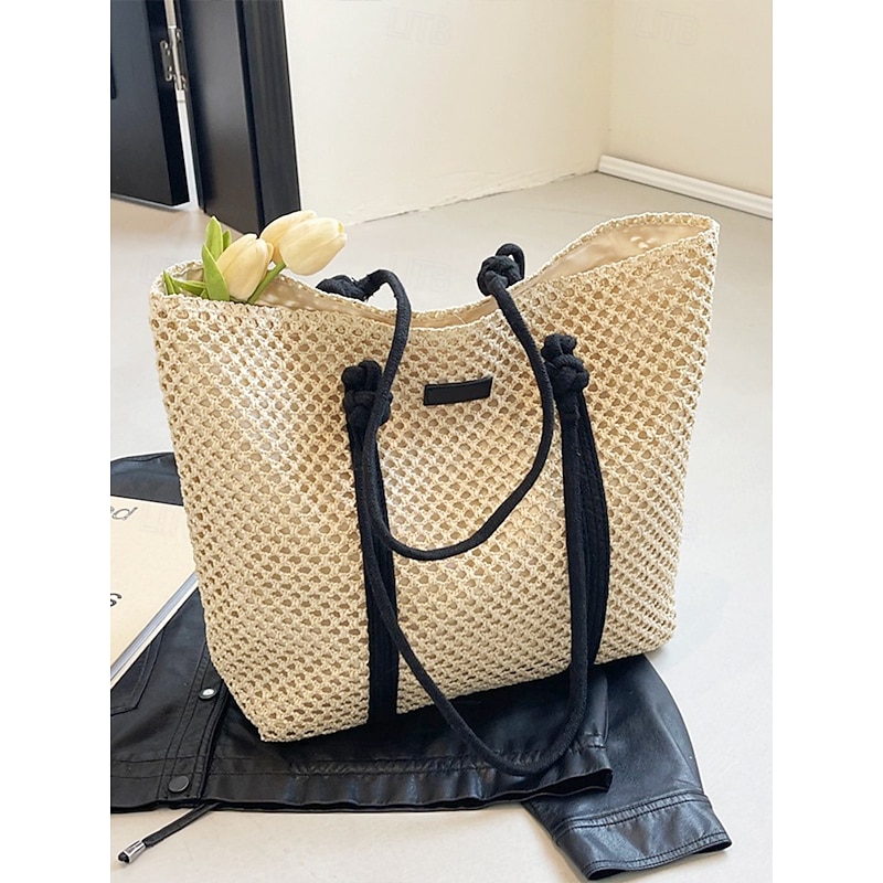 Women's Handmade Straw Tote Bag – Bohemian Woven Beach Handbag with Wooden Beaded Handles, Summer Vacation Shoulder Bag for Travel, Shopping & Casual Outings4