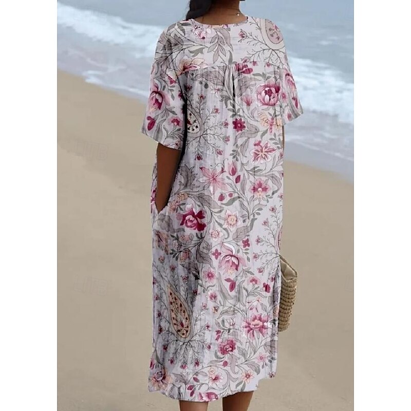 Women's Midi Dress Sundress A Line Dress Linen Vacation linen like Casual Beach Going out Loose Fit Floral Graphic Short Sleeve V Neck Light Yellow Light Green Light Purple4