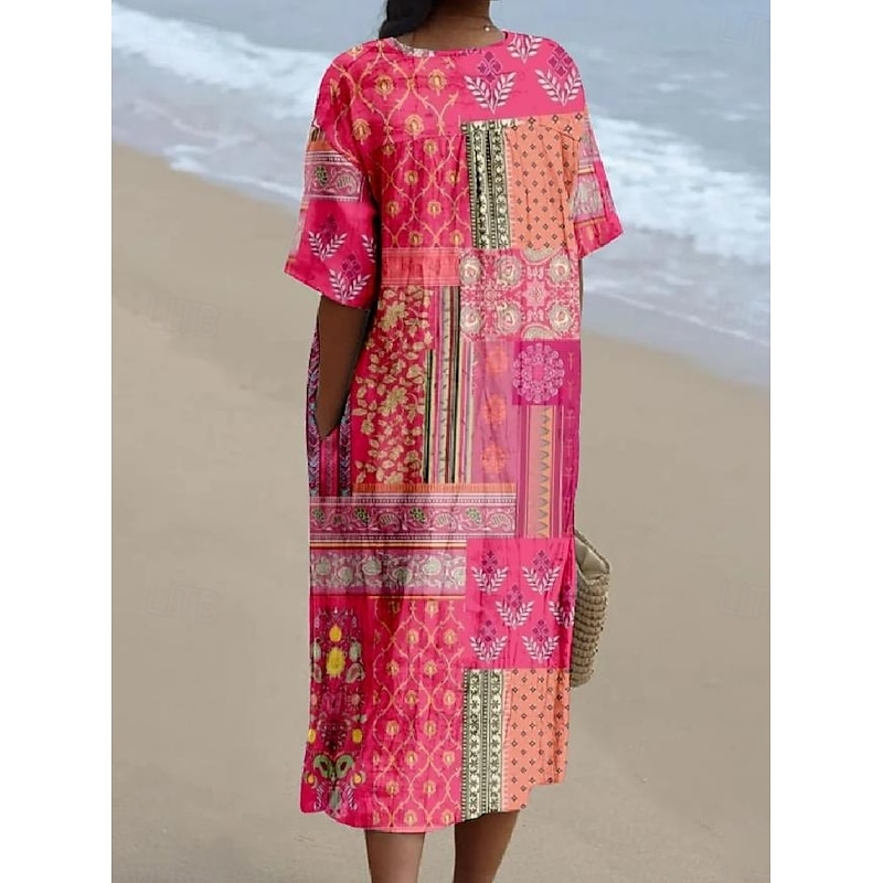 Women's Midi Dress Sundress Vacation Casual Beach Daily Going out Loose Fit Graphic Tribal Short Sleeve V Neck Pink Purple Green Summer2