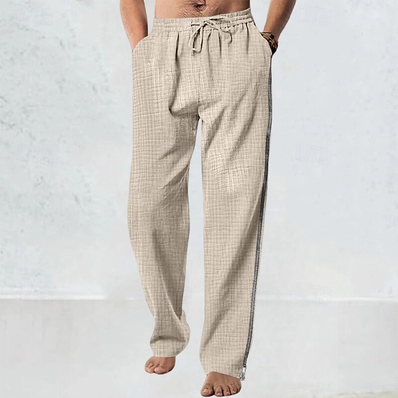 Men's Linen Pants Trousers Summer Pants Beach Pants Drawstring Elastic Waist Straight Leg Plain Comfort Breathable Full Length Casual Daily Holiday Fashion Classic Style White Navy Blue