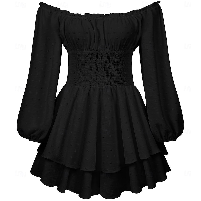 Retro Vintage Medieval Renaissance Mini Dress Flare Dress Puff Sleeve Elven Off Shoulder Regency Inspired Solid Color Fancy Dress Women's Fantasy Vacation Casual Daily LARP Adults' Dress Spring3