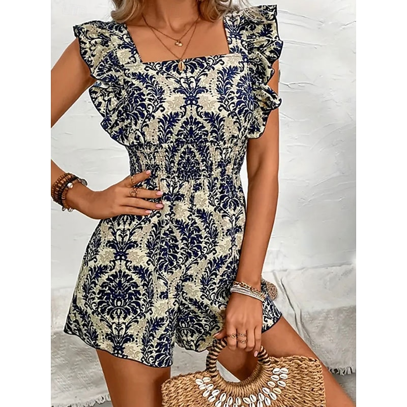 Women's Normal Romper Holiday Graphic Sleeveless Square Neck Ruffle Print Street Daily Regular Fit Wine Navy Blue Brown Summer2