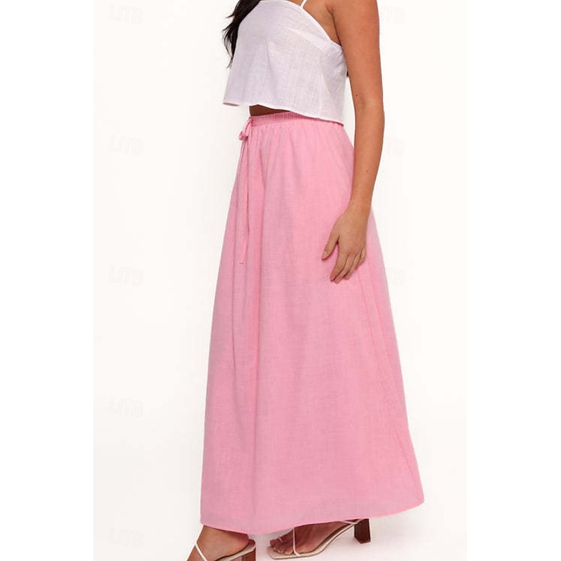 Women's Linen-Inspired Skirts Casual Maxi Mid Rise Plain Drawstring Micro-elastic Vacation Street White Pink Summer Cotton3