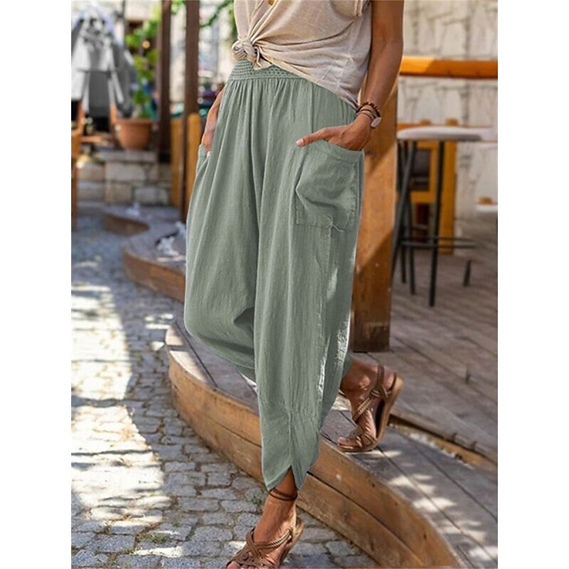 Women's Cotton Linen Baggy Pants Chinos Fashion Streetwear Full Length Medium Waist Plain Pocket Elastic Waistband Comfy Soft Comfortable Micro-elastic Outdoor Street Robin's Egg Blue Black Summer
