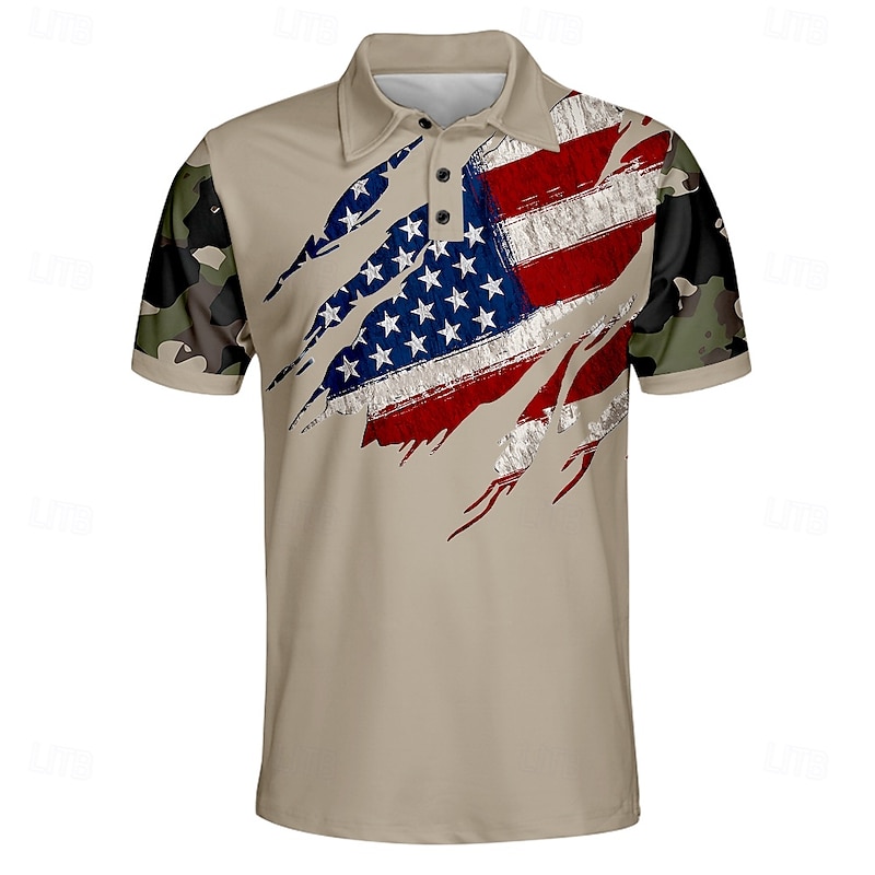 American Independence Day Men's American US Flag Polo Short Sleeve Polo Shirts Collared Shirts Casual Outdoor Daily Wear Festival Outfit Buttons 3D Print Summer Spring Fall Black Brown Army Green3