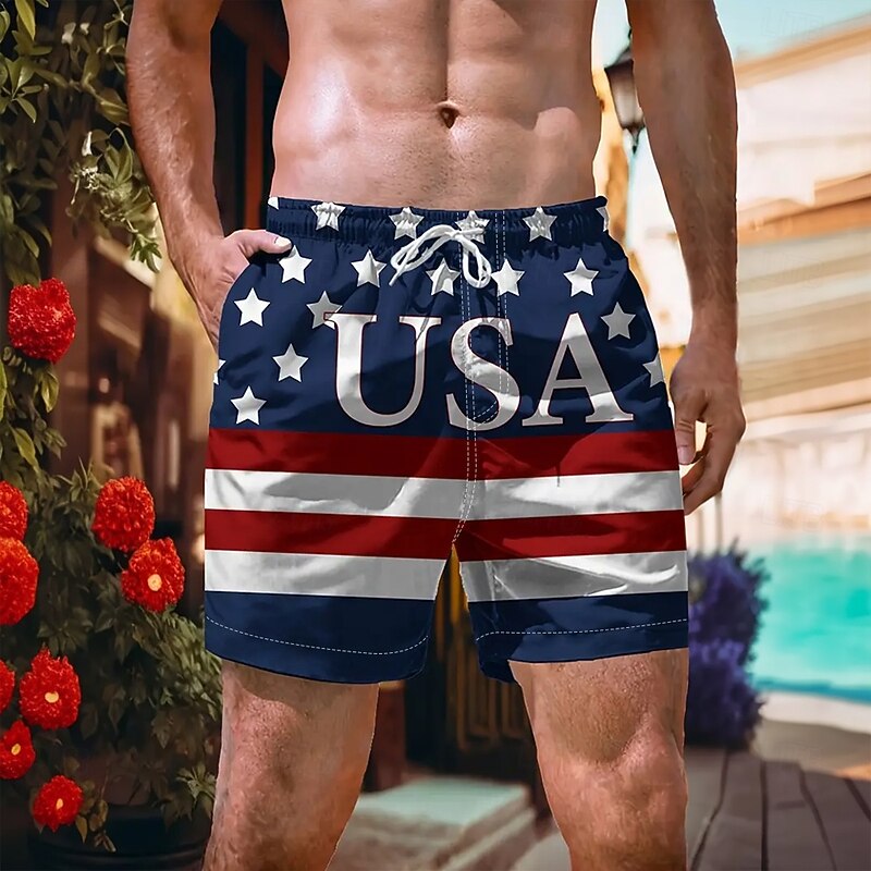 Men's American US Flag Independence Day Patriotic Swim Shorts Board Shorts Swimming Trunks Mid Waist Streetwear Hawaiian Holiday Beach Vacation Wear Pocket Drawstring Elastic Waist Designer Clothing