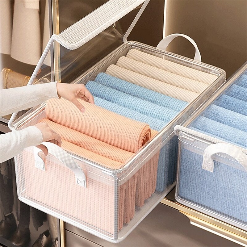 Clear Clothing Storage Box with Lid, Large Capacity Transparent Drawer Organizer, PVC Wardrobe Storage Container for Blankets, Clothes, and Fabric Organization3