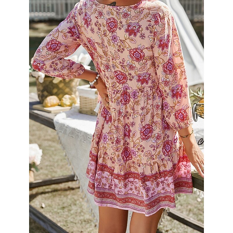Women's Mini Dress Petite Dress Casual Dress Summer Dress Boho Dress Fashion Outdoor Vacation Daily Regular Fit Floral 3/4 Length Sleeve V Neck Yellow Pink Blue Green Summer4