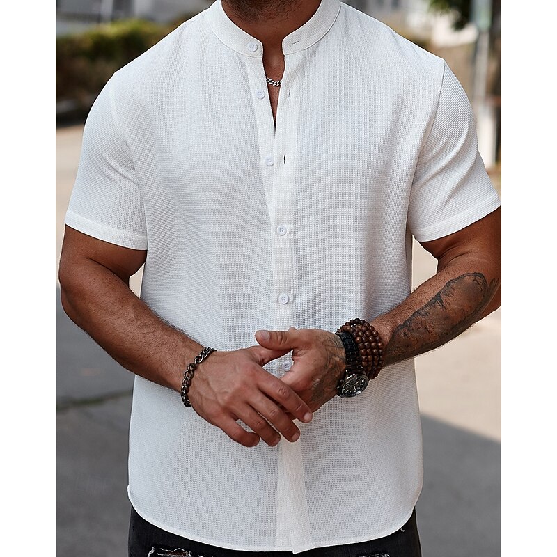 Men's Shirt Summer Shirt Casual Shirt Beach Shirt Button Up Shirt White Short Sleeve Plain Grandad Collar Stand Collar Vacation Hawaiian Button-Down Clothing Apparel Polyester Fashion Casual2