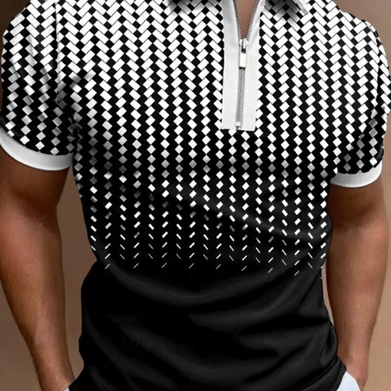 Men's Geometic Zip Polo Short Sleeve Turndown Casual Daily Outdoor Athleisure Casual Daily Zipper Summer Black2