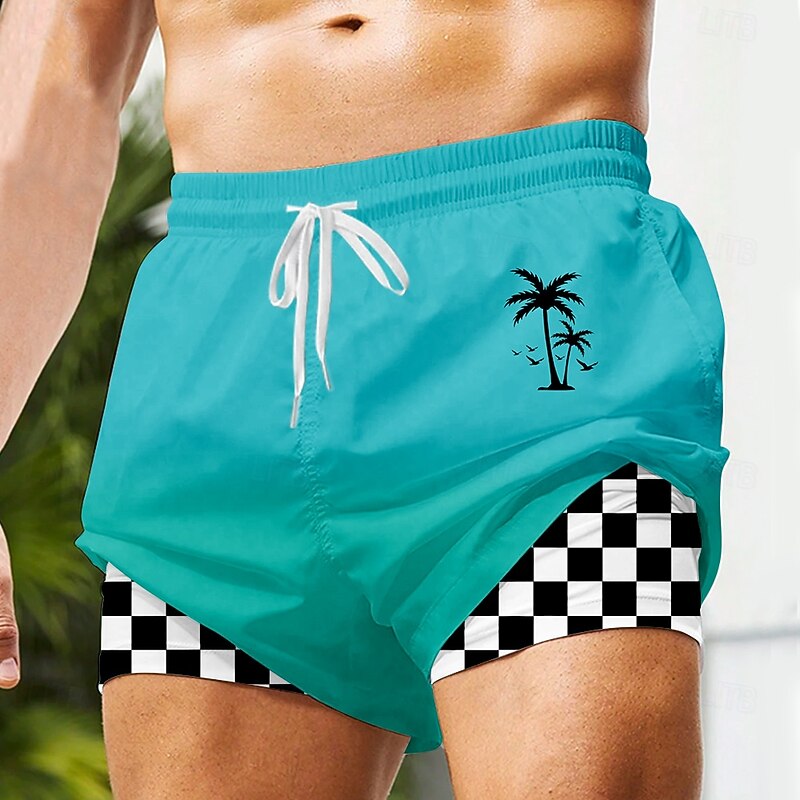 Men's Coconut Tree Grid / Plaid Lined Shorts 2 in 1 Board Shorts Swimming Trunks Mid Waist Hawaiian Vacation Beach Side Pockets With Compression Liner Elastic Drawstring Waist Designer Clothing2