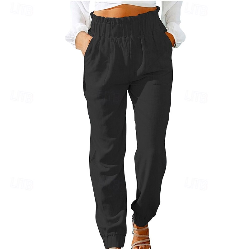Women's Cotton Linen Pants Slacks Streetwear Casual Full Length Natural Plain Pocket Elastic Waist Comfy Comfortable Daily Wear Going out Magenta Grey Black Yellow Summer Regular Fit4