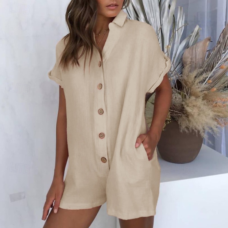 Women's Normal Romper Streetwear Solid Color Short Sleeve Shirt Collar Buttons Street Daily Regular Fit Black Red Khaki Summer