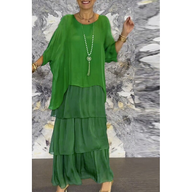 Women's Midi Dress Casual Dress Cocktail Dress Wedding Guest Dress Chiffon Dress Fashion Batwing Sleeve Outdoor Vacation Weekend Regular Fit Plain Flower Half Sleeve Crew Neck Red Green Gray Summer2