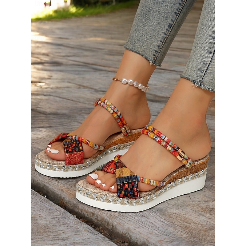Women's Bohemian - Style Platform Sandals – Colorful Beaded Strap, Patterned Bow Flip - Flops for Women's Summer Vacations, Beach Trips and Casual Outdoor Events3
