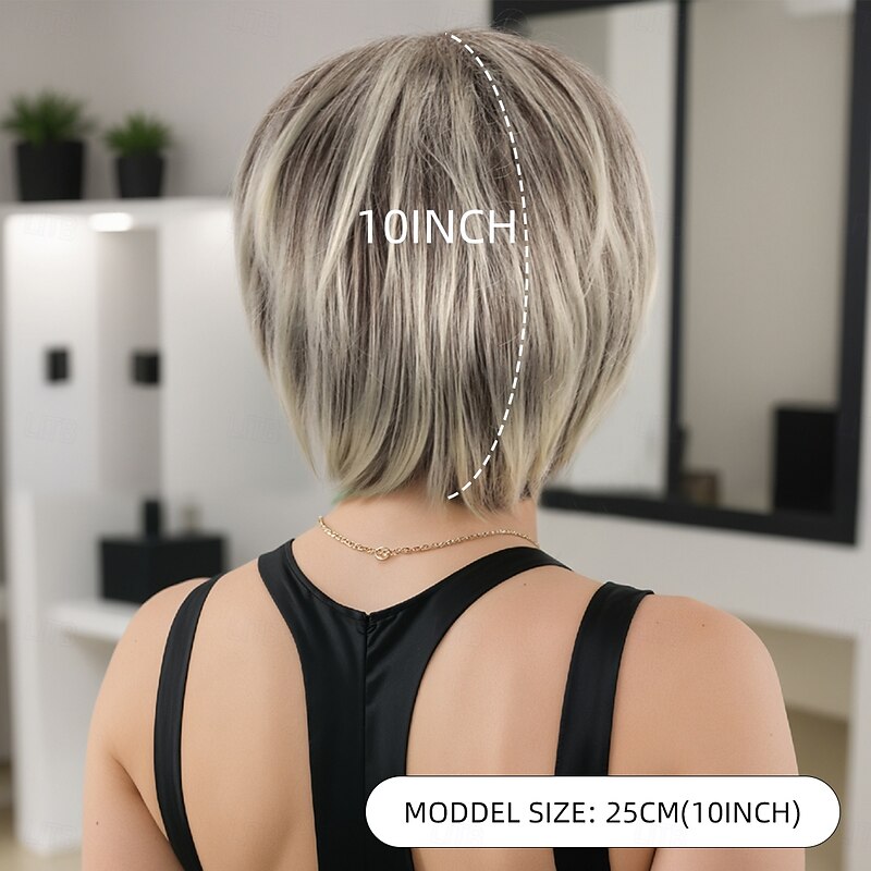 Synthetic Wig kinky Straight Natural Straight Asymmetrical Deep Parting Machine Made Wig 10 inch A1 Synthetic Hair Women's Party Classic Comfortable Silver4