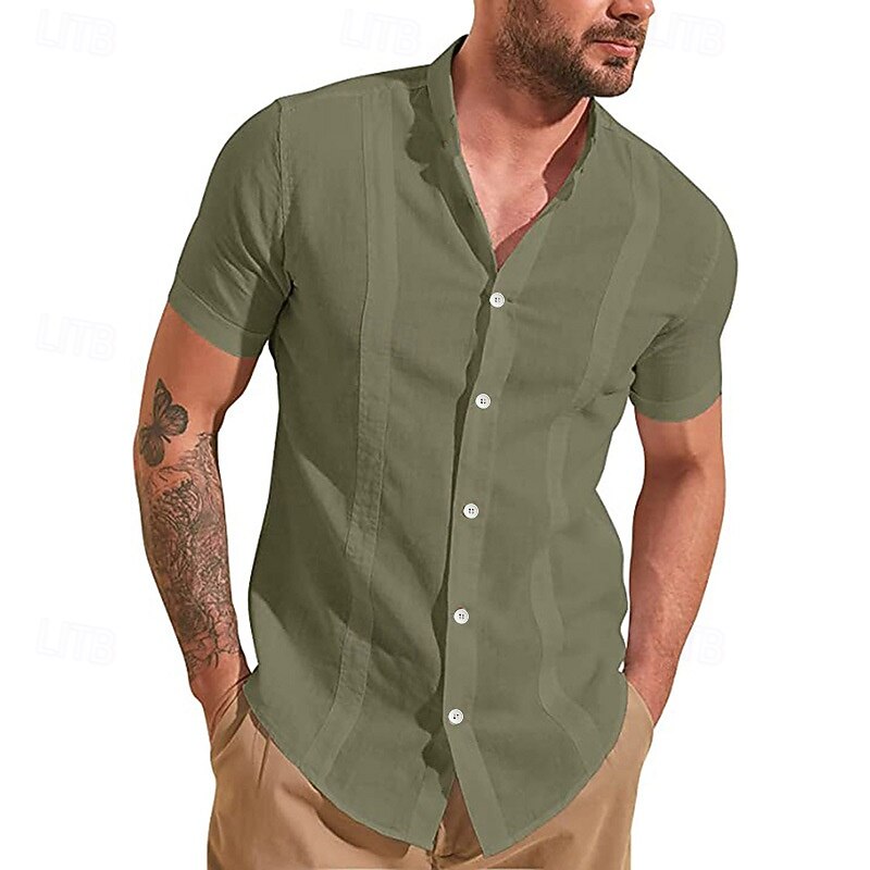 Men's Guayabera Shirt Summer Shirt Casual Shirt Button Up Shirt Black White Dark Navy Green Light Blue Short Sleeve Solid / Plain Color Lapel Vacation Hawaiian Clothing Apparel Polyester Fashion4