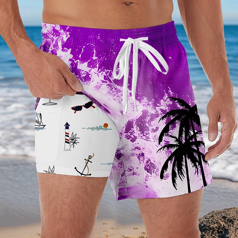 Men's Coconut Tree Ocean Tropical Lined Shorts 2 in 1 Board Shorts Swim Shorts Mid Waist Hawaiian Vacation Beach Wear Side Pockets With Compression Liner Elastic Drawstring Waist Designer Clothing3