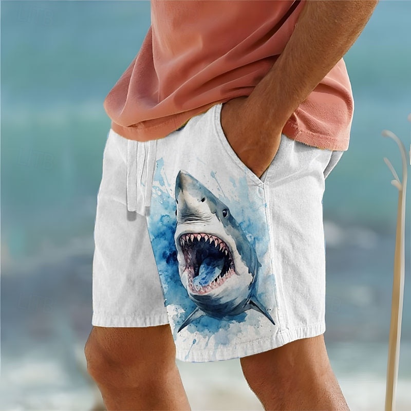 Men's Shark Sea Creatures Cotton Linen Shorts Shorts Mid Waist Hawaiian Vacation Dailywear Holiday Drawstring Pocket Elastic Waist Designer Clothing Apparel