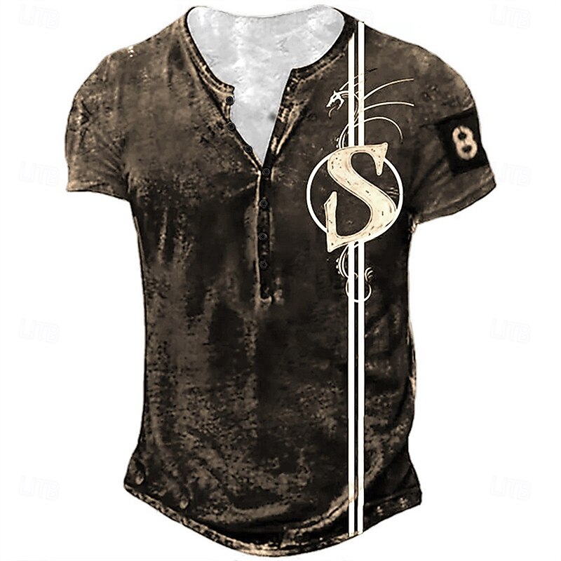 Men's Dragon Letter 'S' T Shirt Henley Shirt Short Sleeve Sports Fashion Designer Outdoor Street Daily Summer Deep Green Dark Brown Black Gray Henley Henley T-Shirt3