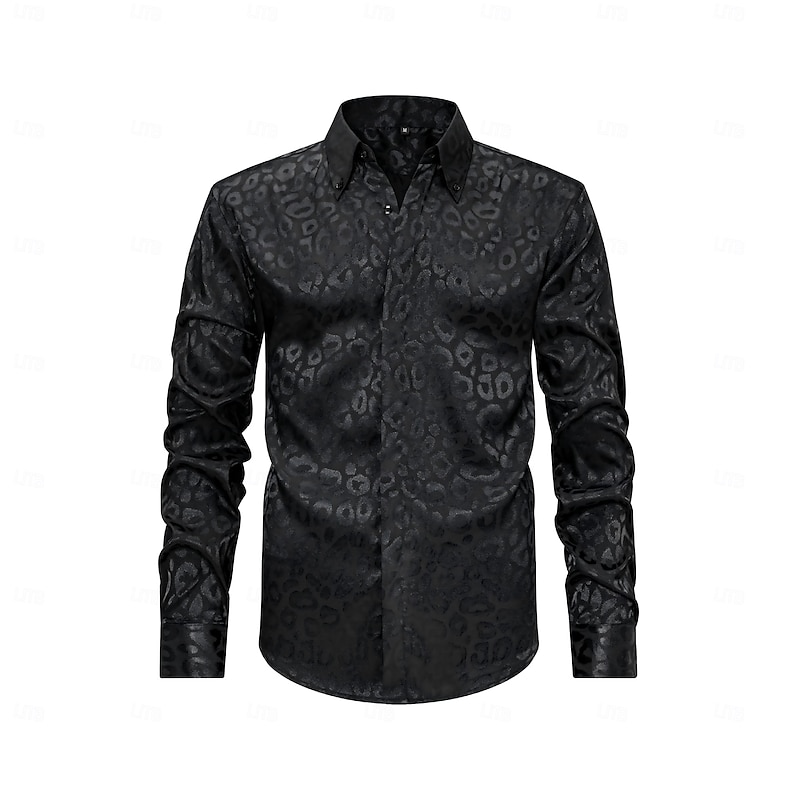 Men's Satin Shirt Dress Shirt Leopard Wedding Outdoor Black White Long Sleeve Collar Summer Spring Clothing Apparel - Main Image