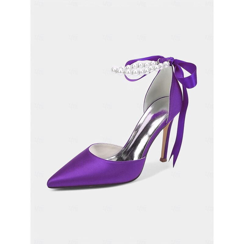 Women's Champagne Satin Wedding Heels with Pearl Ankle Strap - Elegant Bridal & Cocktail Stiletto Pumps3