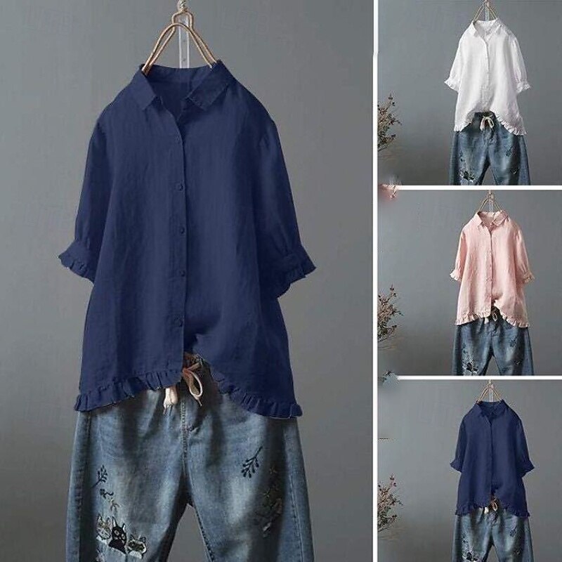 Women's Shirt Blouse Cotton Linen Shirts Plain Basic Modern Short Sleeve Shirt Collar Regular Tops Daily Holiday Going out Buttons White Yellow Pink Navy Blue Light Blue Summer