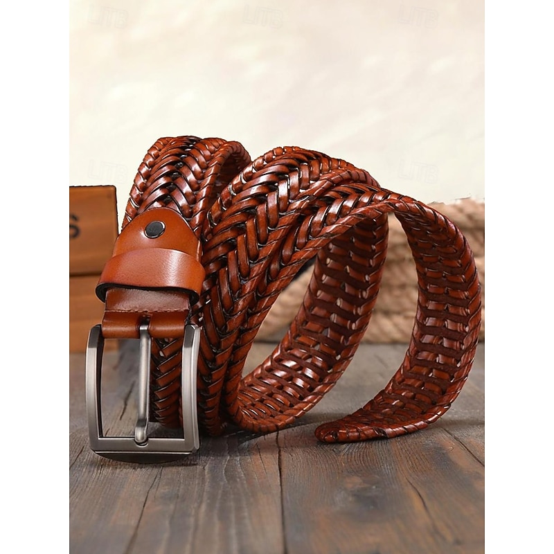 Men's Genuine Leather Braided Belt - Vintage Braided Design with Metal Buckle, Adjustable Fashion Dress Belt for Casual, Business and Formal Wear3
