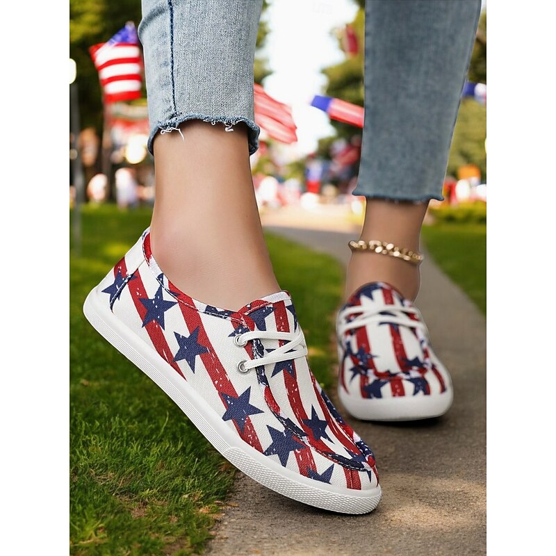 Women's American Flag Canvas Sneakers - Patriotic Lace-Up Casual Shoes for 4th of July, Travel & Everyday Wear - Main Image