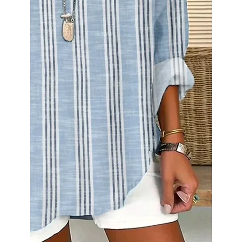 Women's Blouse Tunic V Neck Long Sleeve Boho Casual Cotton Linen Graphic Striped Regular Tops Daily Buttons Print Light Blue3