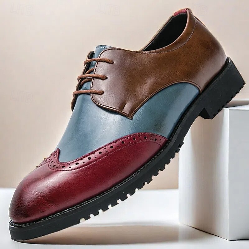 Men's Multicolor Brogue Oxford Shoes - Brown, Red & Blue Wingtip Leather Dress Shoes for Weddings & Office Wear