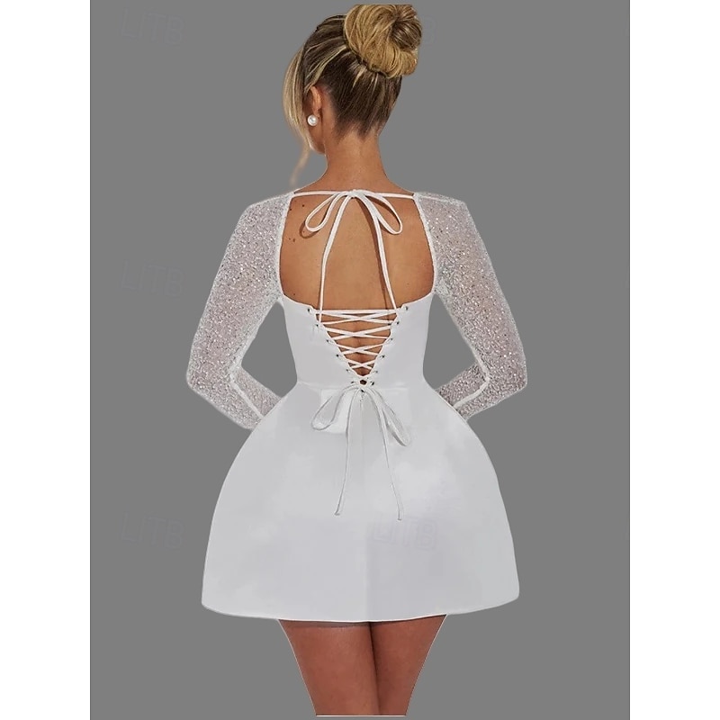 Engagement Little White Dress Bridal Shower Dresses Wedding Dresses A-Line Square Neck Long Sleeve Short / Mini Satin Bridal Gowns With Pearls Pattern2