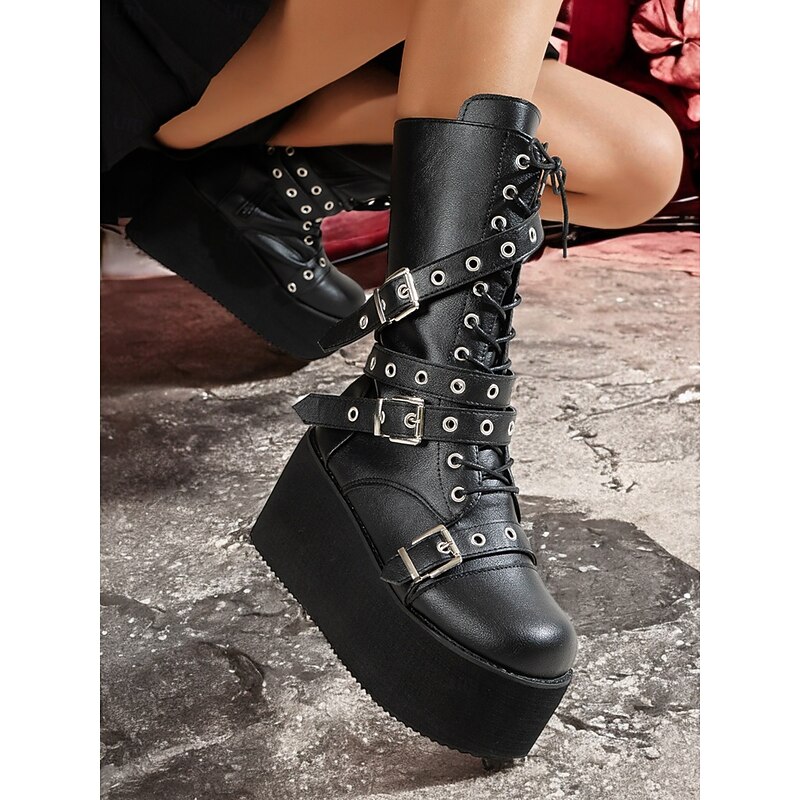 Women's Gothic Platform Combat Boots –1980s Black Lace-Up Knee-High Boots with Buckle Straps for Punk, Rock, and Alternative Fashion3
