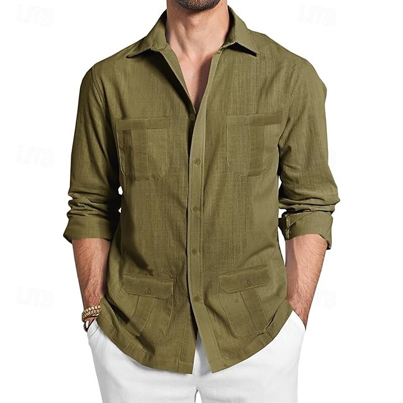 Men's Shirt Linen Shirt Casual Shirt Button Up Shirt Cotton Shirt Guayabera Plain Vacation Hawaiian Black White Green Apricot Long Sleeve Lapel Spring Fall Clothing Apparel Front Pocket