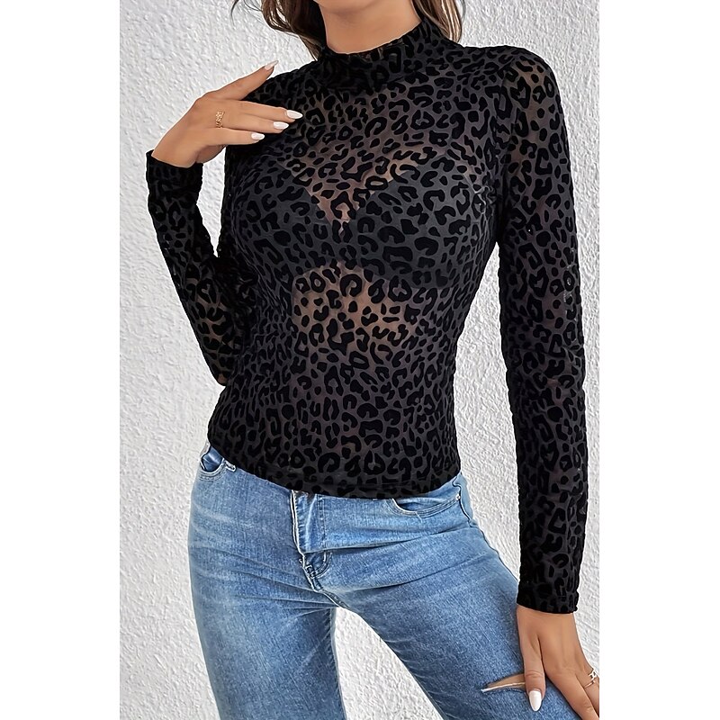 Women's Shirt Blouse Leopard Stylish Modern Long Sleeve High Neck Regular Tops Daily Holiday Mesh Black Summer2