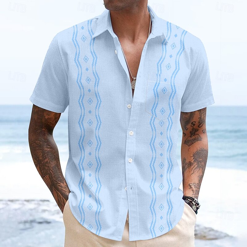 Men's Geometric Shirt Guayabera Shirt Button Up Shirt Short Sleeve Fashion Casual Vacation Dailywear Beach Wear Summer Spring Turndown 3D Print Collared Shirts Front One Pocket White Blue Green Gray3