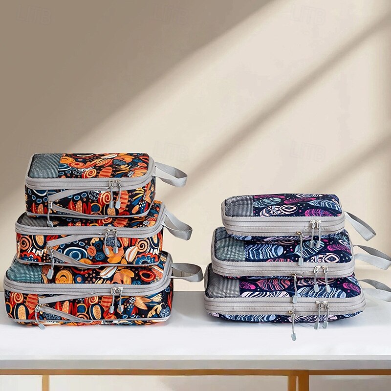 Compression Packing Cubes Set for Travel Luggage Storage and Organizer Space Savers, Printed Travel Storage Bags for Clothes, Shoes, Toiletries, Makeup, Digital Accessories4