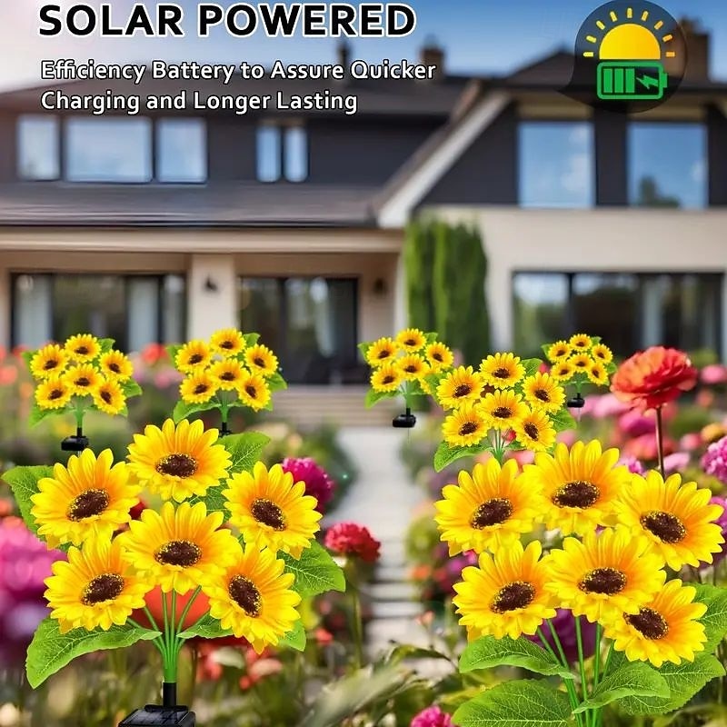 2Pcs LED Solar Outdoor Lights 6 Heads Sunflower Garden Lights Patio Lights Fairy Lights for Mattress Pillow Home Villa Yard Park Walkway Landscape Decoration3