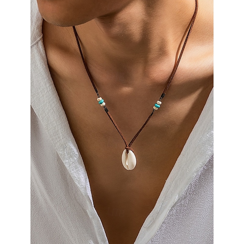 Men's Boho Cowrie Shell Necklace – Handmade Leather Cord Pendant with Beads, Beach Surfer Style, Adjustable Tribal Choker for Summer, Travel and Casual Wear2