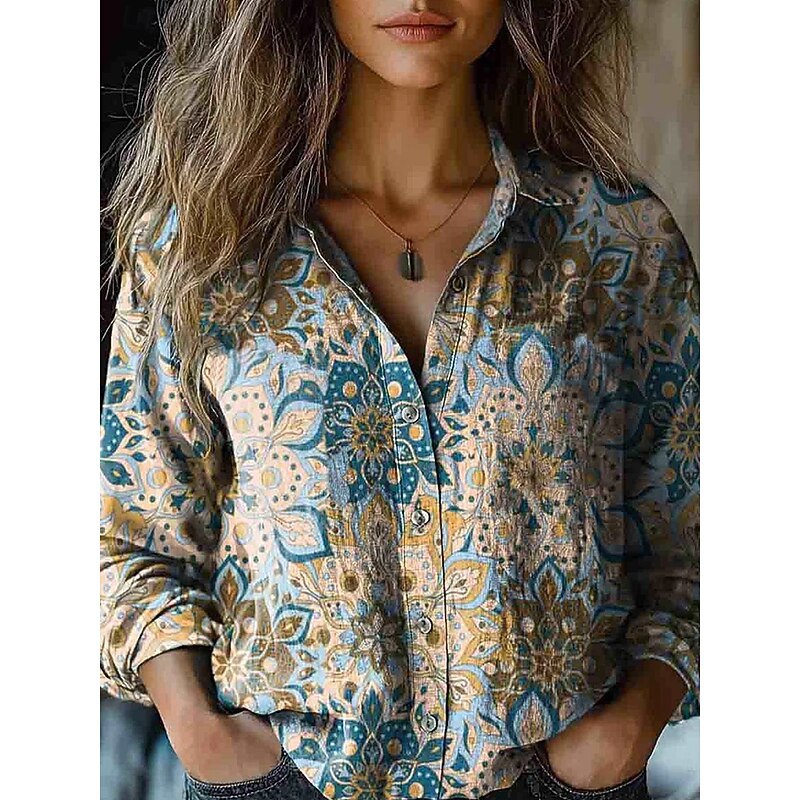 Women's Shirt Button Down Tunic Shirt Collar Long Sleeve Floral Graphic Casual Regular Tops Work Daily s Print Black Yellow Pink Blue Green Spring Fall Winter2