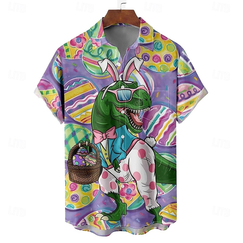 Easter Men's Easter Eggs Shirt Casual Shirt Button Up Shirt Short Sleeve Vintage Retro Vacation Holiday Festival Summer Spring Turndown 3D Print Collared Shirts Front One Pocket Purple Green