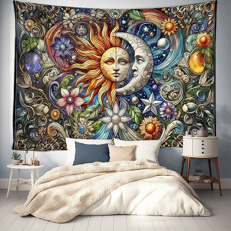 Sun and Moon Mandala Hanging Tapestry Wall Art Large Tapestry Mural Decor Photograph Backdrop Blanket Curtain Home Bedroom Living Room Decoration