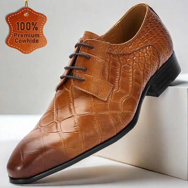 Men's Brown Genuine Leather Oxford Shoes – Handmade Crocodile Pattern Lace-Up Dress Shoes for Kentucky Derby & Formal Events